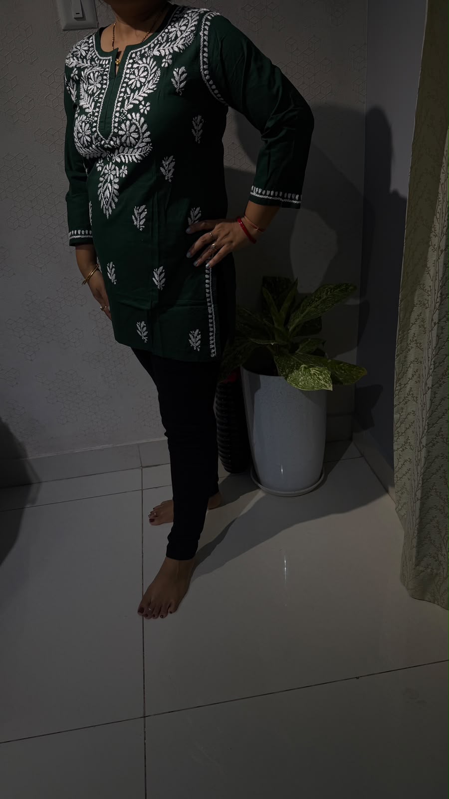 Pure Cotton Dark Green Chikankari Short Kurti