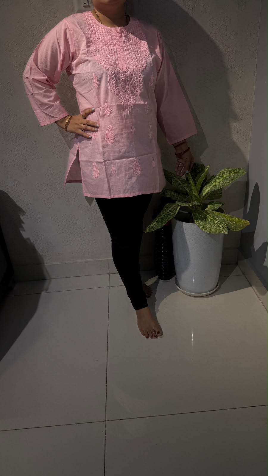 Pure Cotton Baby Pink Chikankari Short Kurti