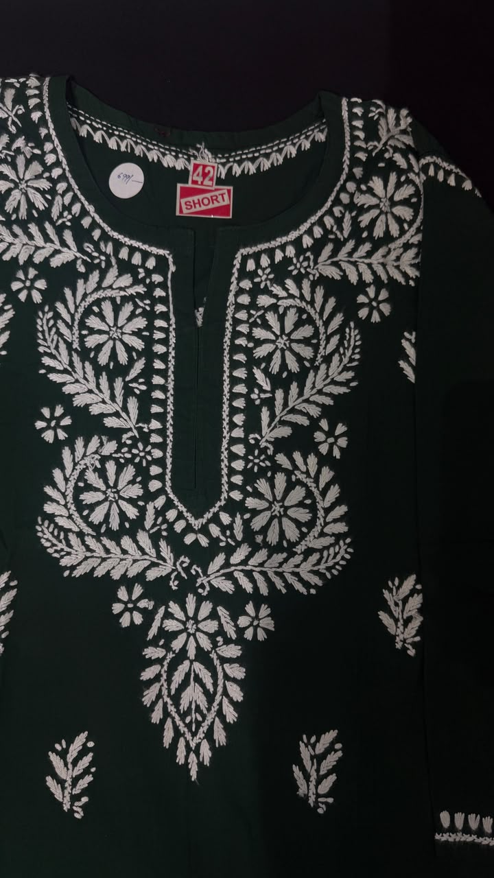 Pure Cotton Dark Green Chikankari Short Kurti