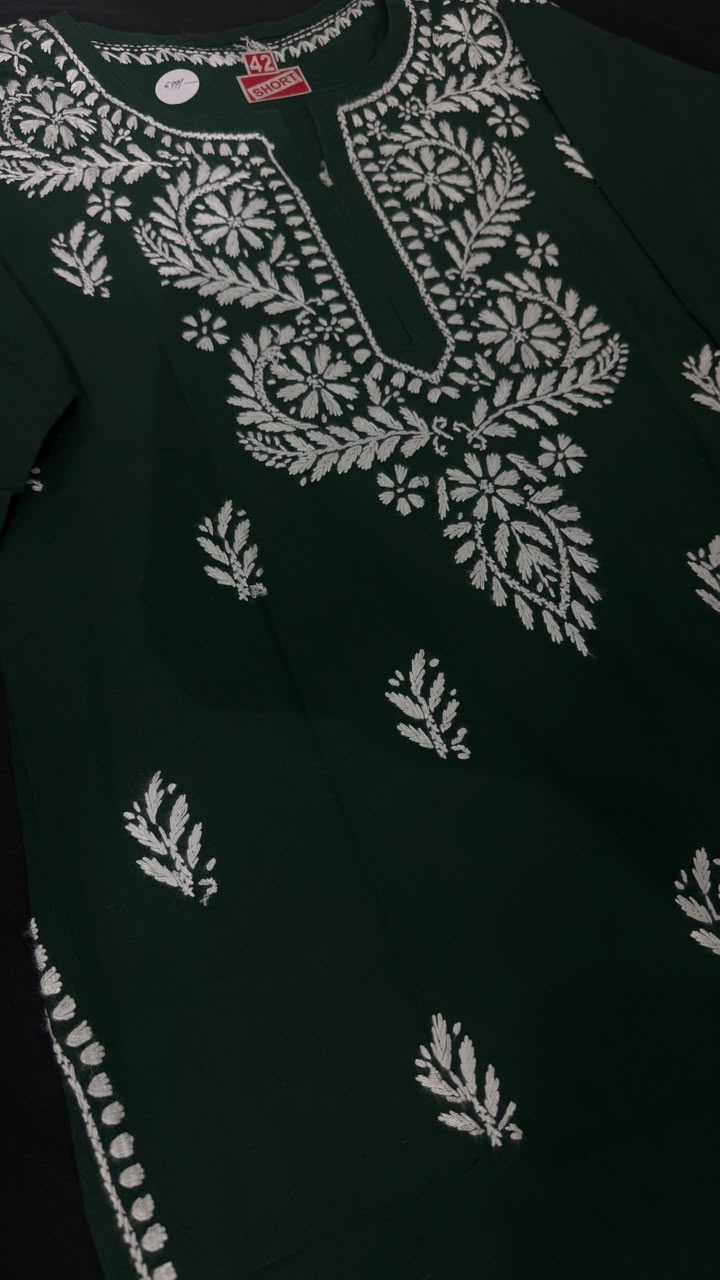 Pure Cotton Dark Green Chikankari Short Kurti