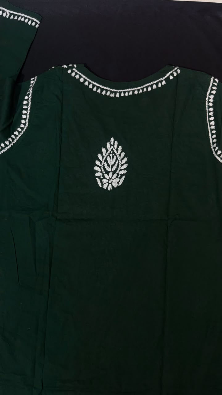 Pure Cotton Dark Green Chikankari Short Kurti
