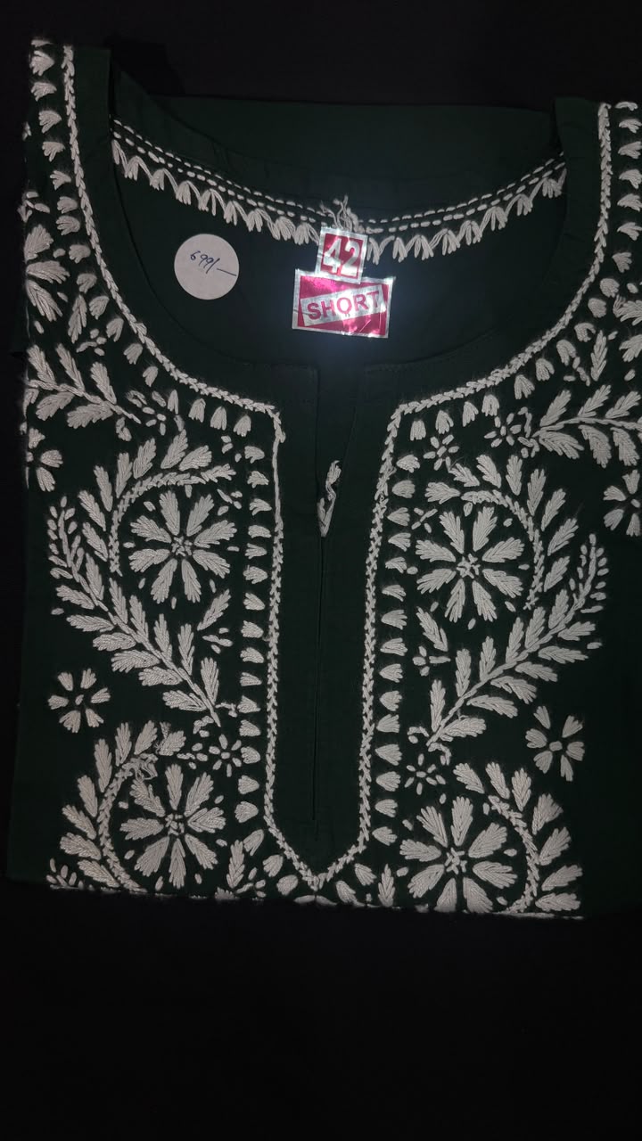 Pure Cotton Dark Green Chikankari Short Kurti