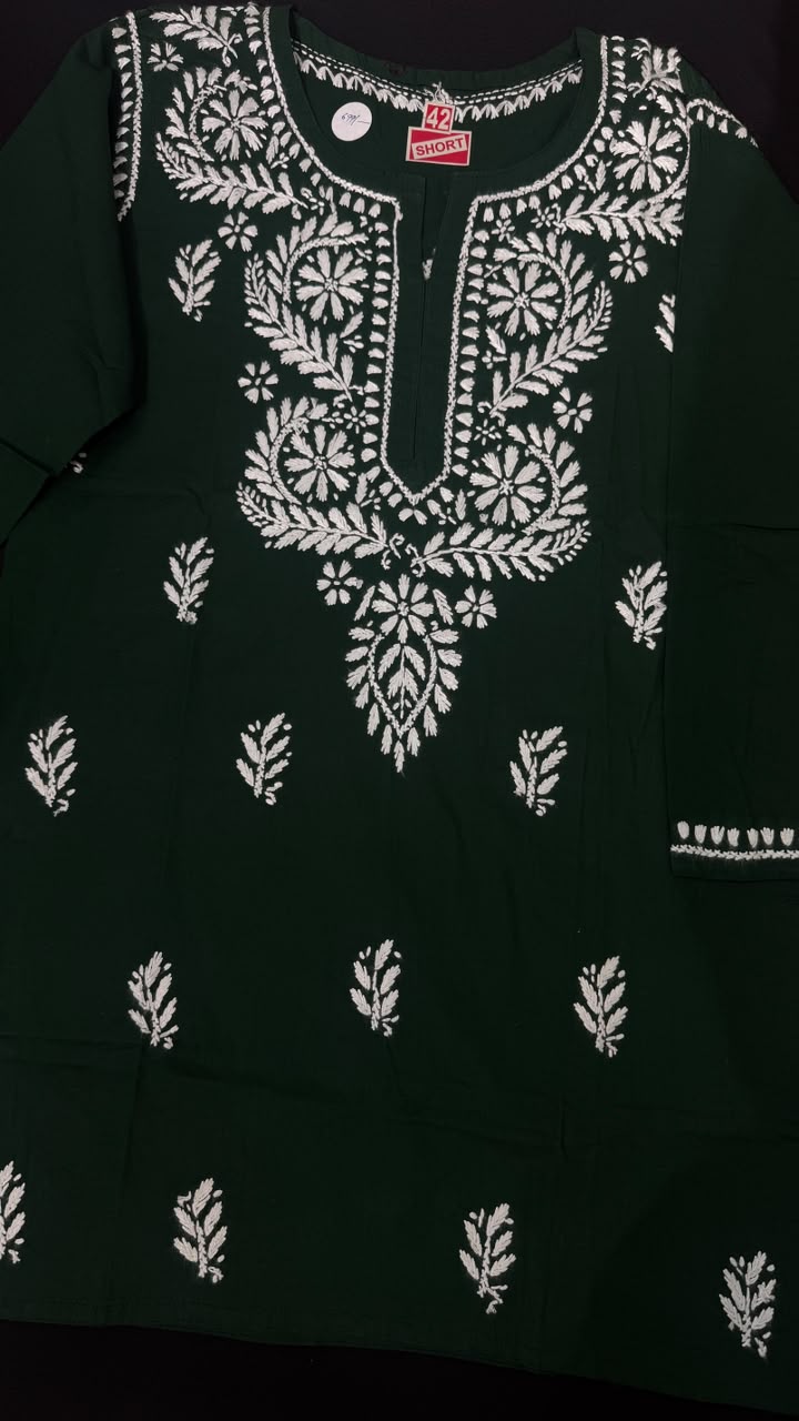 Pure Cotton Dark Green Chikankari Short Kurti